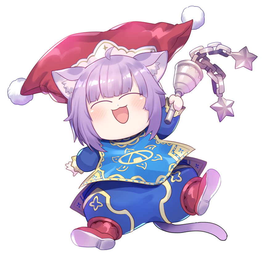 1girl ahoge animal_ears baggy_pants boots cat_ears cat_tail charlotte_(seiken_densetsu_3) charlotte_(seiken_densetsu_3)_(cosplay) chibi closed_eyes cosplay flail hat highres hololive jester_cap nekomata_okayu pants seiken_densetsu seiken_densetsu_3 tail tomoyohi virtual_youtuber weapon white_background