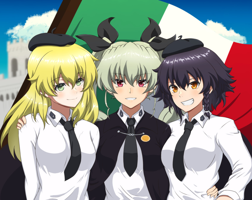 3girls ada_badguy anchovy_(girls_und_panzer) anzio_school_uniform arm_around_waist arm_on_shoulder black_hair black_neckwear blonde_hair blush braid breasts brown_eyes cape carpaccio_(girls_und_panzer) eyebrows_visible_through_hair girls_und_panzer green_eyes green_hair grin hair_ornament hair_ribbon hat highres italian_flag large_breasts looking_at_viewer multiple_girls necktie outdoors pepperoni_(girls_und_panzer) red_eyes ribbon school_uniform shiny shiny_hair short_hair sky smile twintails