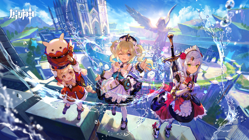 3girls :d ;d ahoge apron armor armored_boots armored_dress arms_up backpack bag bag_charm bangs barbara_(genshin_impact) blonde_hair blue_eyes blunt_bangs blurry boots braid breastplate breasts building cabbie_hat charm_(object) church cityscape claymore_(sword) clover_print commentary_request day depth_of_field detached_sleeves dodoco_(genshin_impact) dress drill_hair duplicate eyebrows_visible_through_hair flower frills full_body fuzichoco gauntlets genshin_impact greatsword green_eyes hair_between_eyes hair_flower hair_ornament hand_on_own_chest hat headdress highres huge_weapon jumpy_dumpty klee_(genshin_impact) lifting light_brown_hair logo long_hair long_sleeves looking_at_viewer maid maid_apron maid_headdress medium_breasts multiple_girls noelle_(genshin_impact) official_art one_eye_closed open_mouth orange_eyes outdoors outstretched_arm pixel-perfect_duplicate randoseru red_dress red_eyes red_headwear revision rose scenery shoes short_hair sidelocks silver_hair single_braid smile standing standing_on_one_leg statue twin_drills twintails vision_(genshin_impact) waist_apron water wavy_hair weapon weapon_on_back white_dress white_hair white_headwear white_legwear