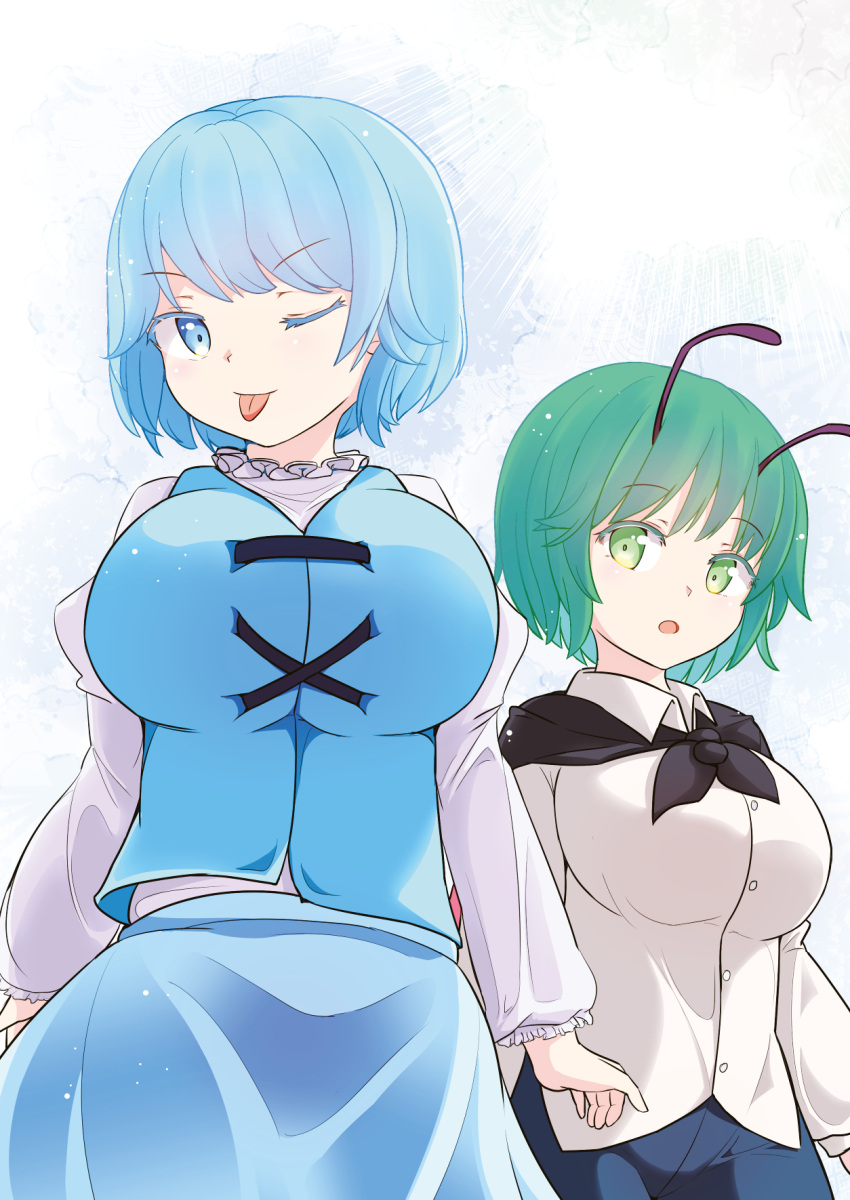 2girls adda alternate_breast_size antennae bangs black_cape blue_eyes blue_hair blue_shorts blue_skirt blue_vest breasts cape closed_mouth collared_shirt commentary_request cowboy_shot green_eyes green_hair highres juliet_sleeves large_breasts long_sleeves looking_at_viewer multiple_girls one_eye_closed open_mouth puffy_sleeves red_cape shirt short_hair shorts simple_background skirt smile tatara_kogasa tongue touhou two-sided_cape two-sided_fabric vest white_background white_shirt wriggle_nightbug