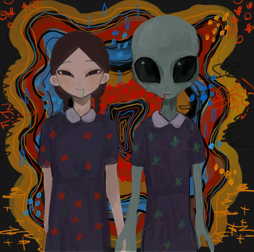 000v666 1girl 1other alien black_eyes blood blood_from_mouth blue_dress braid brown_hair closed_mouth colored_skin colorful dress floral_print green_blood green_skin highres holding_hands looking_at_viewer multicolored multicolored_background original short_sleeves smile twin_braids upper_body