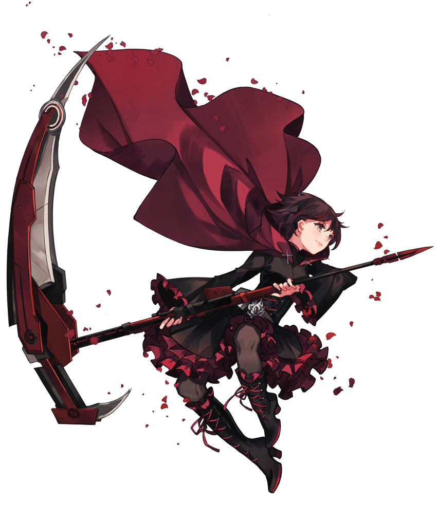 1girl absurdres bangs black_dress black_footwear black_hair black_legwear boots brown_eyes cloak crescent_rose dress english_commentary hair_behind_ear high_heel_boots high_heels highres holding holding_scythe kaneblob official_art pantyhose petticoat red_cloak ruby_rose rwby scythe smile solo