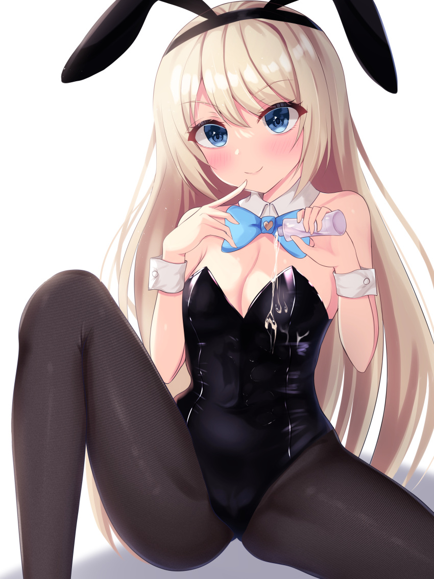 1girl absurdres animal_ears black_legwear black_leotard blonde_hair blue_eyes blue_neckwear bow bowtie breasts cleavage detached_collar fake_animal_ears finger_to_mouth highres kuon_(kuon) leotard long_hair lotion masquerade_channel medium_breasts pantyhose playboy_bunny rabbit_ears rabbit_tail simple_background sitting solo spill strapless strapless_leotard tail virtual_youtuber white_background wrist_cuffs yumemiya_alice