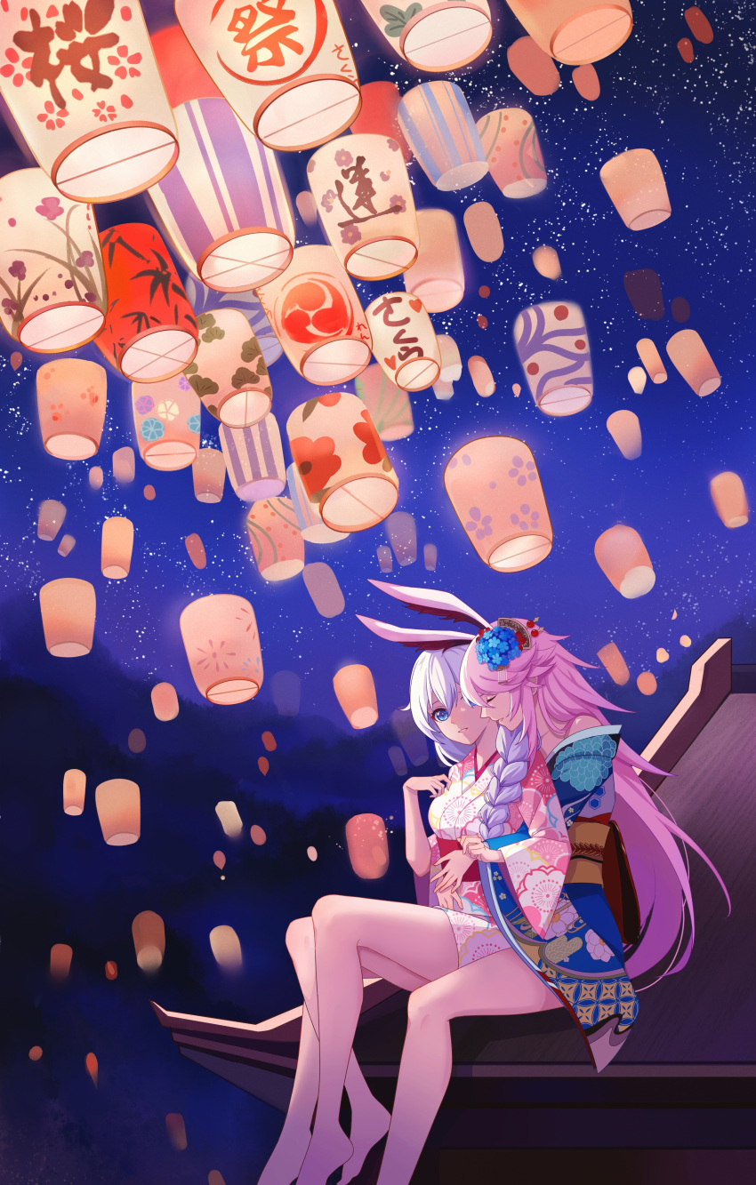 2girls absurdres animal_ears bangs barefoot blue_eyes blue_flower blue_kimono braid braided_ponytail cha_yan_guan_se flower fox_ears hair_between_eyes hair_flower hair_ornament highres honkai_(series) honkai_impact_3rd japanese_clothes kallen_kaslana kimono lantern long_hair long_sleeves looking_at_another multiple_girls night night_sky outdoors paper_lantern pink_hair rooftop sitting sky star_(sky) white_hair white_kimono yae_sakura yae_sakura_(goushinnso_memento) yuri