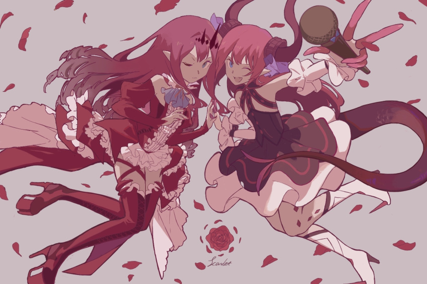 2girls asymmetrical_horns bare_shoulders blue_eyes center_frills circle_skirt color_connection corset curled_horns detached_collar detached_sleeves dragon_girl dragon_horns dragon_tail dress earrings elizabeth_bathory_(fate) elizabeth_bathory_(fate)_(all) fairy_knight_tristan_(fate) fate/grand_order fate_(series) finger_cots frills grey_eyes high_heels horns idol jewelry long_hair look-alike looking_at_viewer microphone multiple_girls one_eye_closed pink_hair plaid plaid_skirt platform_boots platform_footwear platform_heels pointy_ears red_dress red_nails ricmoo3 skirt tail