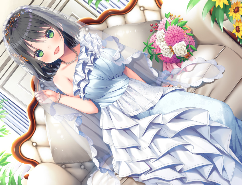 asa_no_ha black_hair blush couch flowers green_eyes headdress necklace original short_hair wedding_attire wristwear