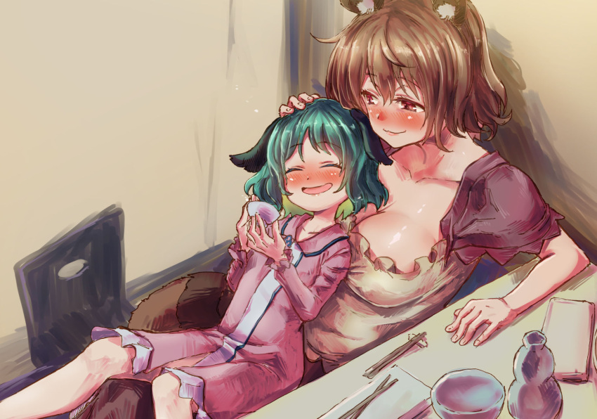 2girls animal_ears blush bottle breasts brown_hair chopsticks collarbone dog_ears dress futatsuiwa_mamizou green_hair highres kasodani_kyouko large_breasts long_hair long_sleeves multiple_girls open_mouth raccoon_ears sake_bottle short_hair sitting sitting_on_lap sitting_on_person skirt smile touhou yohane