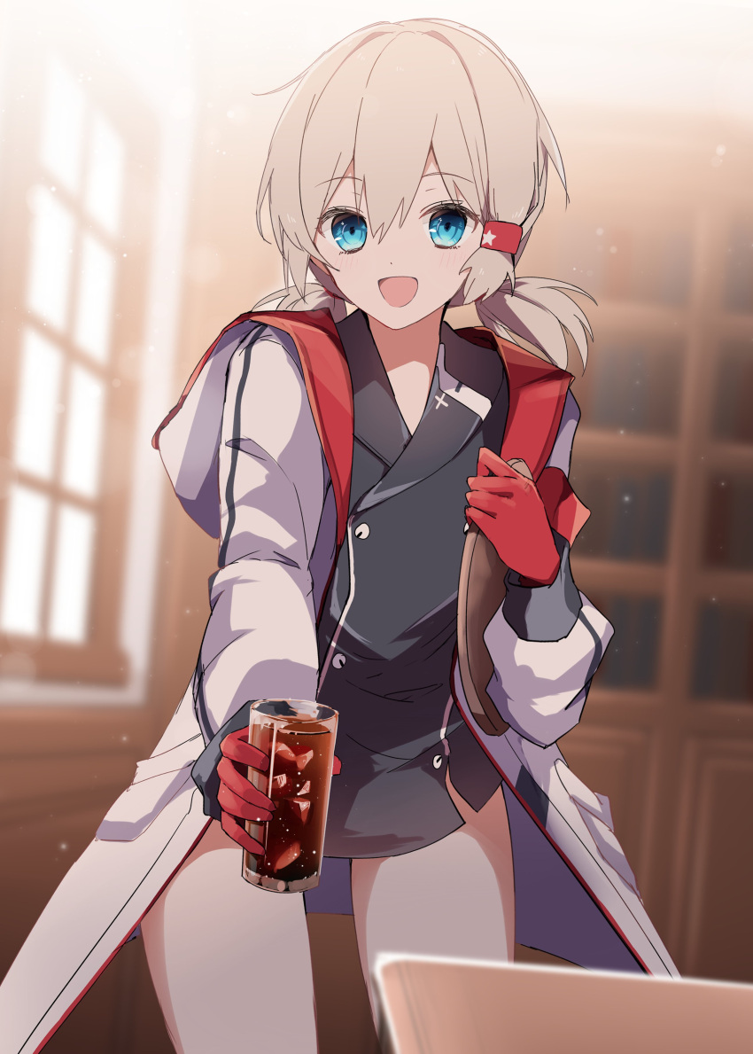 1girl :d a.a_(aa772) absurdres azur_lane bangs black_dress blue_eyes buttons coat coat_dress coca-cola commentary_request commission cowboy_shot cup denver_(azur_lane) double-breasted dress eyebrows_visible_through_hair gloves grey_hair hair_between_eyes hair_ornament hair_tubes highres holding holding_cup holding_tray hood hood_down hooded_coat indoors long_hair long_sleeves looking_at_viewer low_twintails open_clothes open_coat open_mouth red_gloves sidelocks skeb_commission smile solo standing tray twintails white_coat window