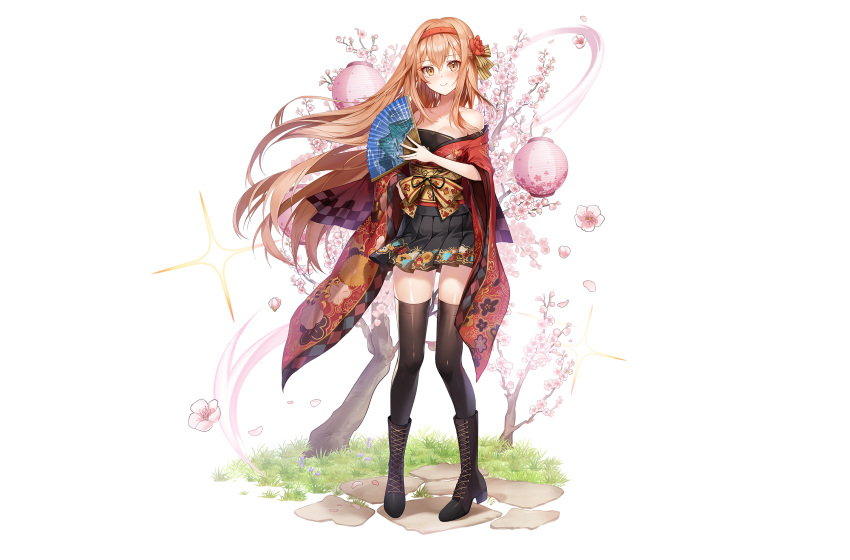 applecaramel_(acaramel) blush boots breasts brown_hair cherry_blossoms cleavage fan flowers grass headband japanese_clothes kimono long_hair orange_eyes skirt thighhighs third-party_edit white zettai_ryouiki