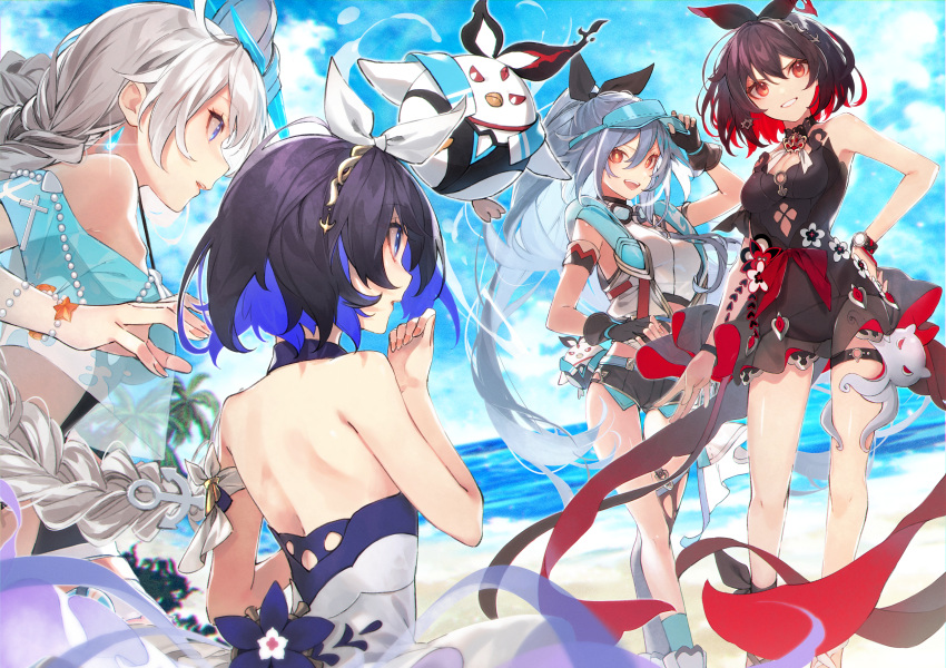 beach blue_eyes clouds dress fu_hua gray_hair group headband honkai_impact kiana_kaslana kuwashima_rein long_hair orange_eyes ponytail purple_hair seele_vollerei short_hair sky tree twintails veliona water