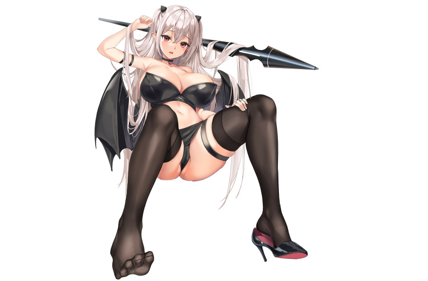 breasts cameltoe choker cleavage garter gray_hair horns lillly long_hair original panties pointed_ears red_eyes skirt spread_legs thighhighs third-party_edit twintails underwear upskirt white wings