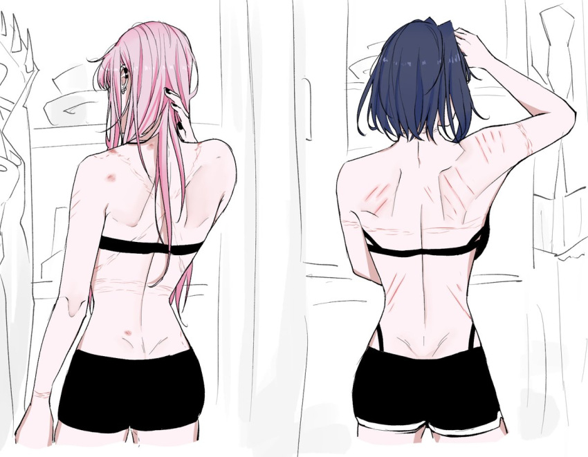 2girls back back_turned bite_mark black_nails black_shorts hololive hololive_english implied_yuri long_hair mori_calliope multiple_girls no_shirt notziegler ouro_kronii piercing pink_hair rope_marks scratches shorts shoulder_blades