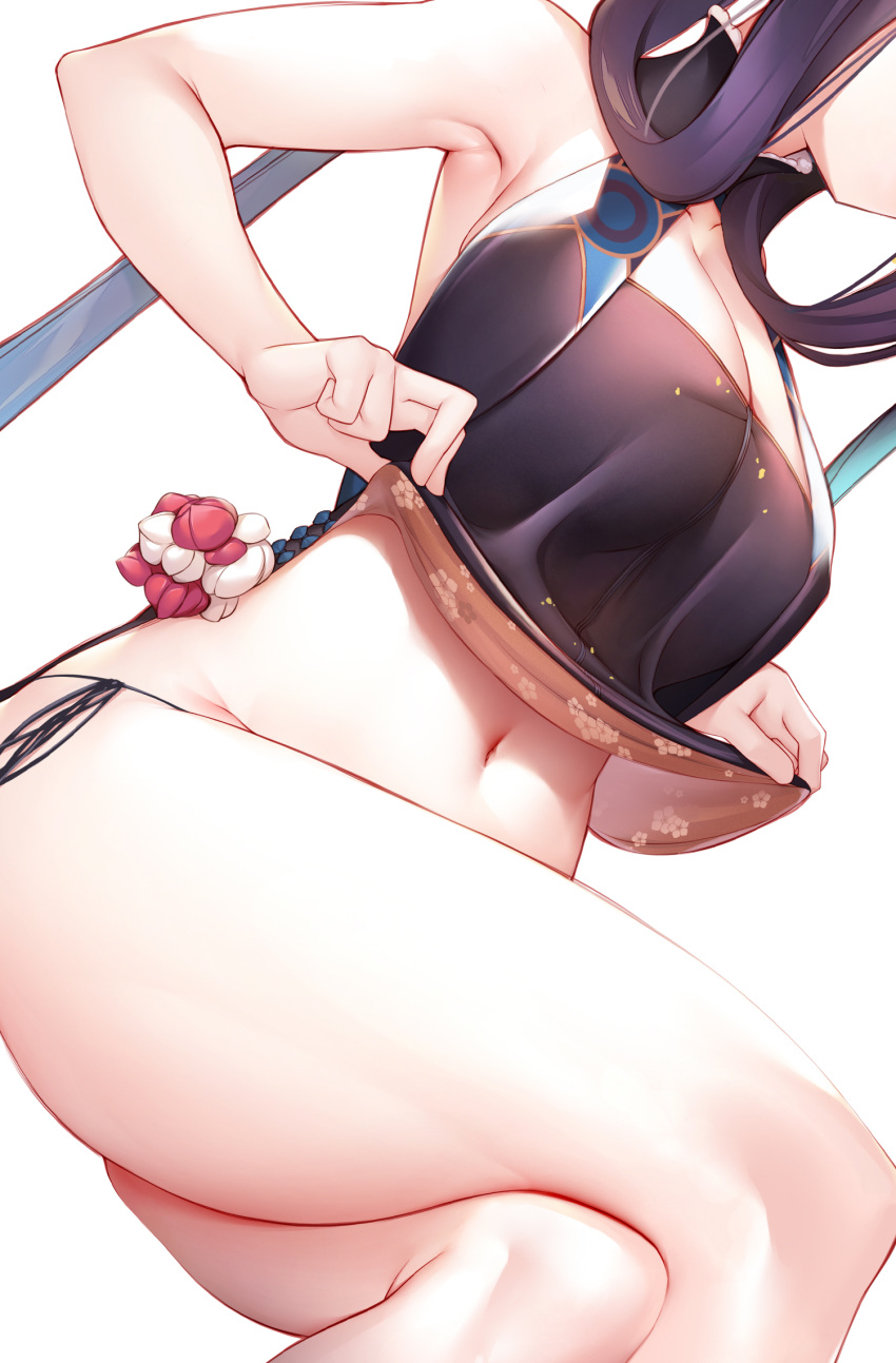 1girl bare_arms black_dress blue_hair breasts clothes_lift crossed_legs dress dress_lift dutch_angle fate/grand_order fate_(series) gradient_hair hamadamiku01 head_out_of_frame highres invisible_chair large_breasts lifted_by_self long_hair midriff multicolored_hair navel panty_straps purple_hair simple_background sitting solo white_background yang_guifei_(fate)