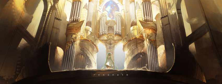 1girl absurdres animal arm_up bangs bare_shoulders bird bow breasts building day detached_sleeves dove dress from_below frown gradient_hair green_eyes green_hair halter_dress halterneck hatsune_miku highres long_hair looking_at_viewer multicolored_hair organs scenery solo standing twintails very_long_hair vocaloid w white_bow white_dress zuosi_zhichu