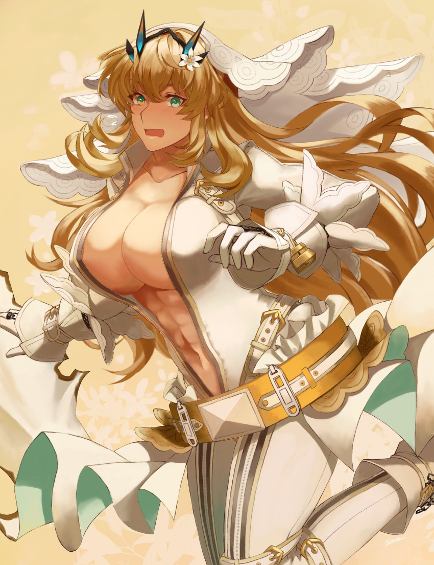 1girl abs blonde_hair blush bodysuit breasts bridal_veil center_opening chain cosplay fairy_knight_gawain_(fate) fate/extra fate/extra_ccc fate/grand_order fate_(series) full-length_zipper green_eyes highres horns huge_breasts kankitsurui_(house_of_citrus) lock multicolored multicolored_eyes muscular muscular_female nero_claudius_(bride)_(fate) nero_claudius_(bride)_(fate)_(cosplay) nero_claudius_(fate) padlock solo tall_female unzipped veil white_bodysuit yellow_belt yellow_eyes zipper