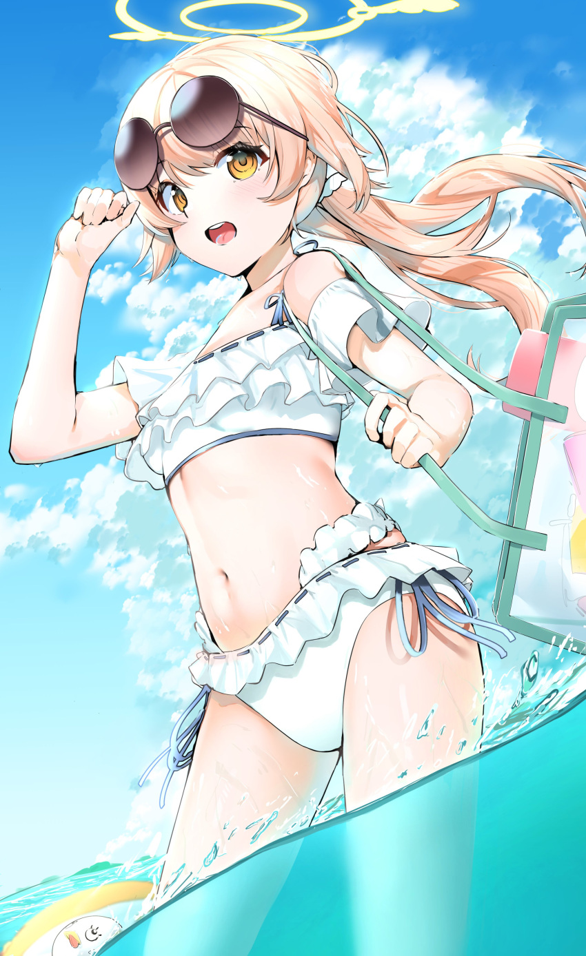 1girl absurdres bag bangs bare_shoulders bikini blonde_hair blue_archive blue_sky brown_eyes cloud cloudy_sky collarbone commentary_request day eyebrows_visible_through_hair eyewear_on_head frilled_bikini frills halo hand_up hifumi_(blue_archive) highres long_hair looking_at_viewer low_twintails navel open_mouth outdoors ribbon-trimmed_bikini round_eyewear sky solo standing sunglasses suzuharu_toufu swimsuit twintails upper_teeth very_long_hair water white_bikini