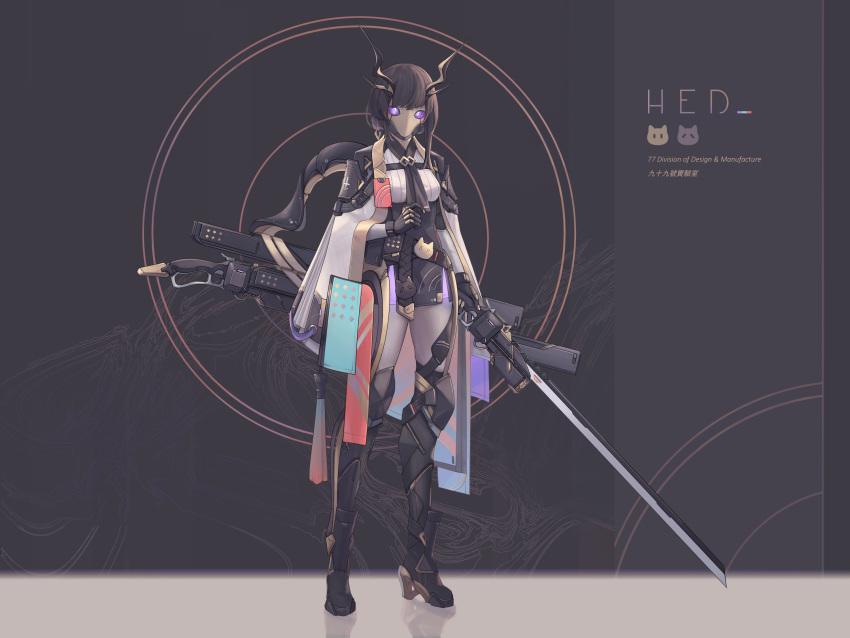 1girl armor asymmetrical_hair belt boots breasts brown_hair cloak full_body high_heel_boots high_heels highres holding holding_sword holding_weapon horns katana looking_at_viewer mask mecha_musume original purple_eyes sheath skindentation small_breasts solo standing sword tassel thighhighs translation_request weapon xyufsky