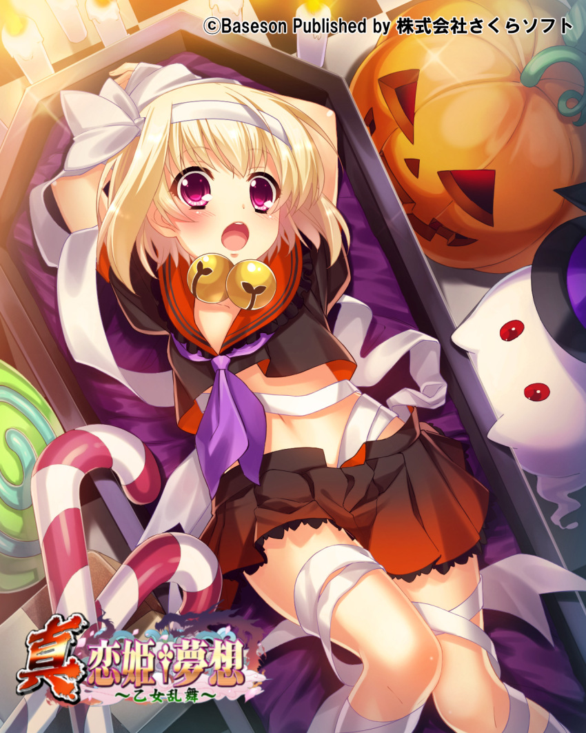 (#)w(#) 1girl arms_up bandages bell black_headwear black_shirt black_skirt blonde_hair bound bound_wrists bow candle candlelight candy candy_cane coffin food ghost gradient_skirt hair_bow halloween hat highres jack-o'-lantern jingle_bell koihime_musou midriff miniskirt official_art open_mouth orange_skirt pumpkin red_eyes ribbon school_uniform serafuku shirt shokatsuryou short_hair short_sleeves skirt solo thighs