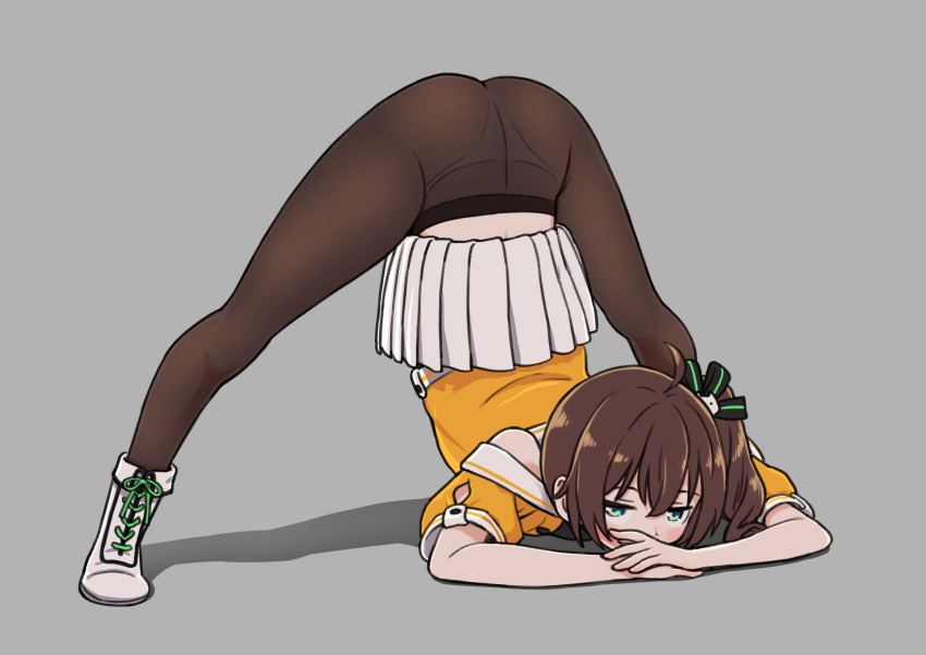 1girl ass bangs blue_eyes brown_hair commentary grey_background hair_behind_ear highres hololive jack-o'_challenge looking_at_viewer meme natsuiro_matsuri panties panties_under_pantyhose pantyhose parody sabaku_chitai shadow side_ponytail skirt thong top-down_bottom-up underwear virtual_youtuber white_footwear white_panties white_skirt