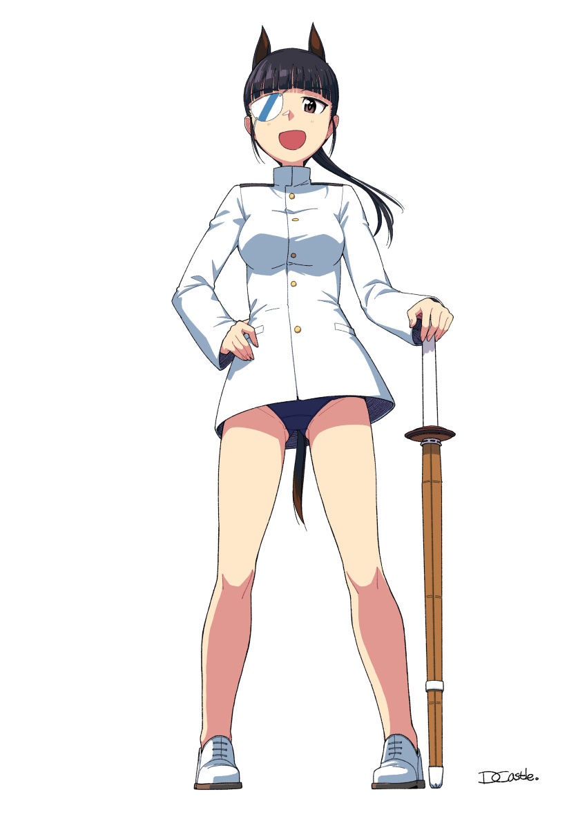 501st_joint_fighter_wing absurdres animal_ears bangs black_hair blunt_bangs bokken dog_ears dog_girl dog_tail dragoncastle eyebrows_visible_through_hair eyepatch fuso hand_on_hip highres looking_at_viewer military military_uniform monocle opaque_monocle ponytail print_eyepatch sakamoto_mio school_swimsuit strike_witches swimsuit swimsuit_under_clothes sword tail uniform weapon white_eyepatch wooden_sword world_witches_series