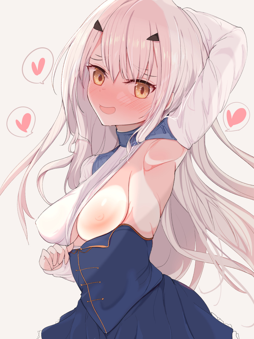 1girl absurdres armpits blush covered_nipples fairy_knight_lancelot_(fate) fate/grand_order fate_(series) heart highres kawa_mura long_hair nipples one_breast_out simple_background white_background white_hair yellow_eyes