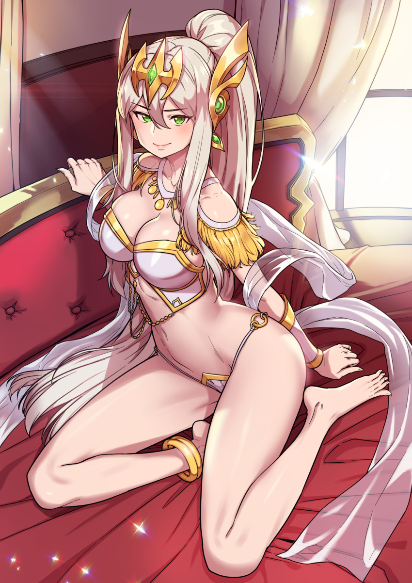 1girl anklet bangs barefoot bed bikini bikini_bottom bracelet breasts bustier closed_mouth commission curtains dungeon_and_fighter eyebrows_visible_through_hair female_gunner_(dungeon_and_fighter) gem gold gold_trim green_eyes hair_between_eyes headgear headpiece high_ponytail highres indoors jewelry kim_jin_sung large_breasts long_hair looking_at_viewer navel necklace o-ring o-ring_bikini ponytail revealing_clothes sitting solo swimsuit very_long_hair white_bikini white_hair