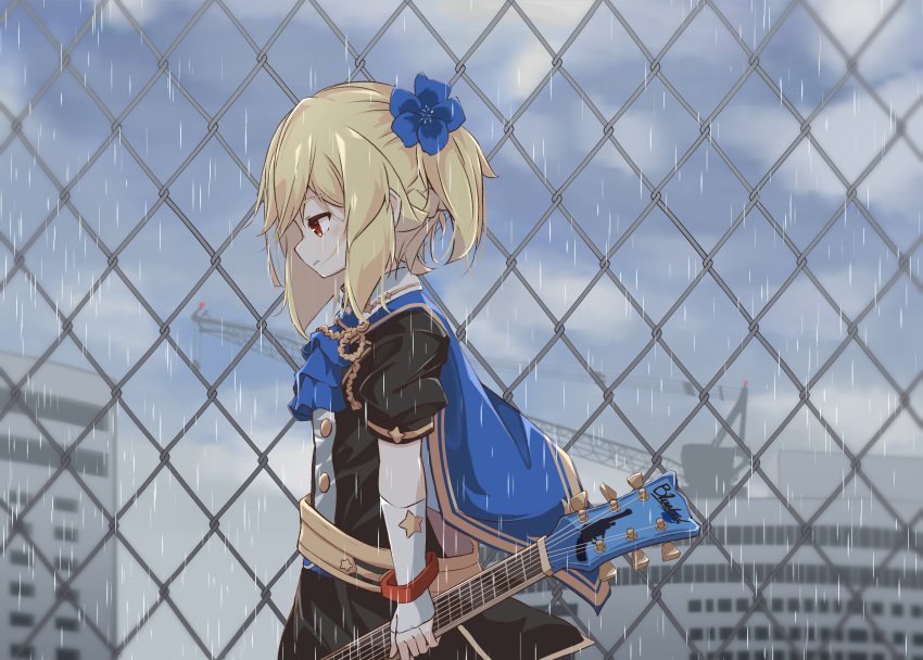 1girl absurdres ascot bangs black_shirt black_skirt blonde_hair blue_flower blue_neckwear blue_sky blurry blurry_background blush building chain-link_fence cloud cloudy_sky crane_(machine) day depth_of_field elbow_gloves electric_guitar eyebrows_visible_through_hair fence fingerless_gloves flower girls'_frontline gloves guitar hair_flower hair_ornament highres holding holding_instrument instrument matsuo_(matuonoie) nagant_revolver_(girls'_frontline) one_side_up outdoors parted_lips profile puffy_short_sleeves puffy_sleeves rain red_eyes shirt short_sleeves skirt sky solo white_gloves