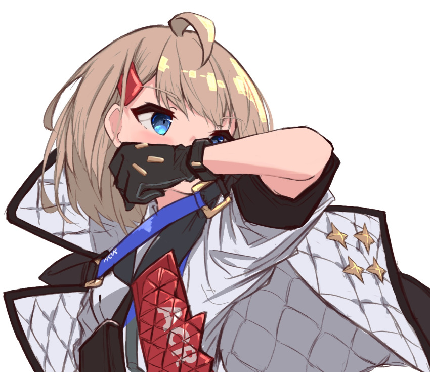 1girl acr_(girls'_frontline) ahoge bangs black_gloves black_jacket blue_eyes brown_hair eyebrows_visible_through_hair girls'_frontline gloves hair_ornament hairclip hand_up highres jacket jacket_on_shoulders looking_away looking_to_the_side matsuo_(matuonoie) shirt short_sleeves simple_background solo upper_body white_background white_shirt