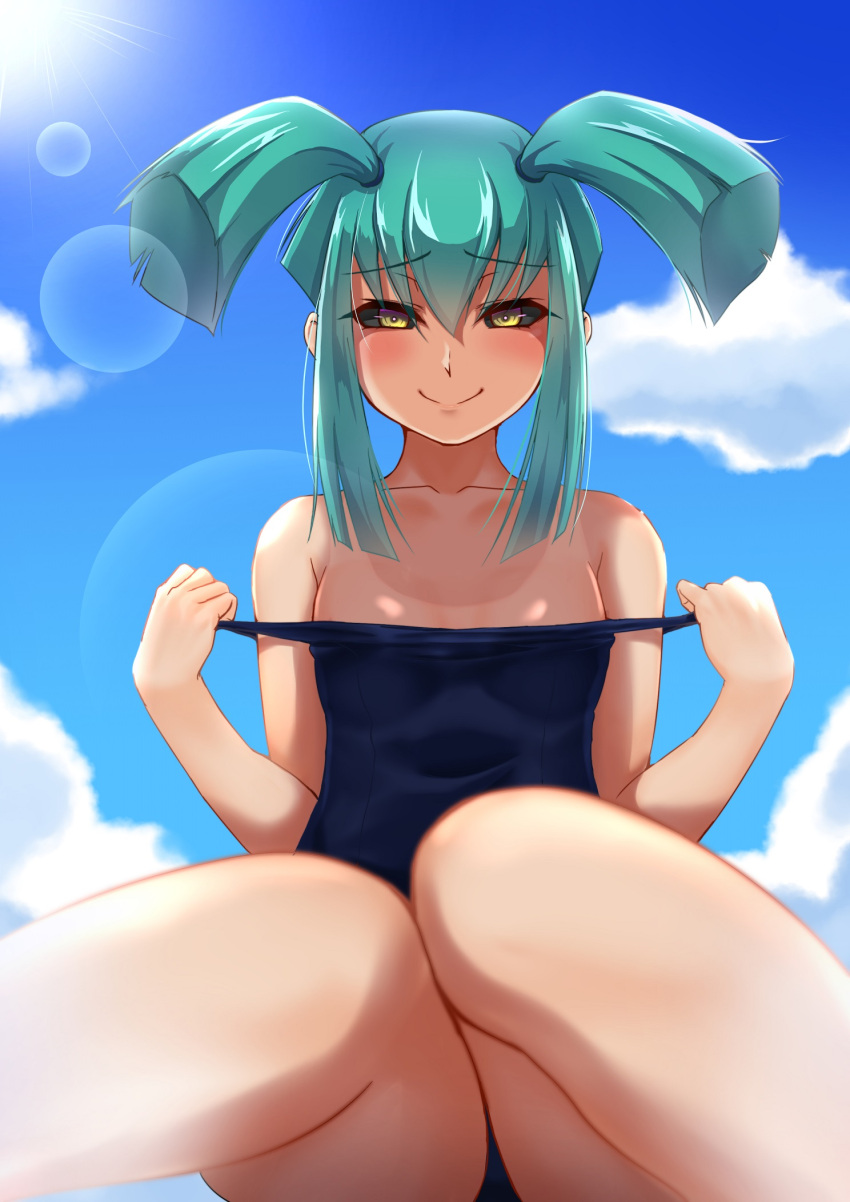1girl aqua_hair black_sclera blue_sky blue_swimsuit closed_mouth clothes_pull cloud collarbone colored_sclera day highres lens_flare long_hair looking_at_viewer lua muto_dt outdoors school_swimsuit shiny shiny_hair sidelocks sky smile solo swimsuit swimsuit_pull tan tanlines twintails yellow_eyes yu-gi-oh! yu-gi-oh!_5d's