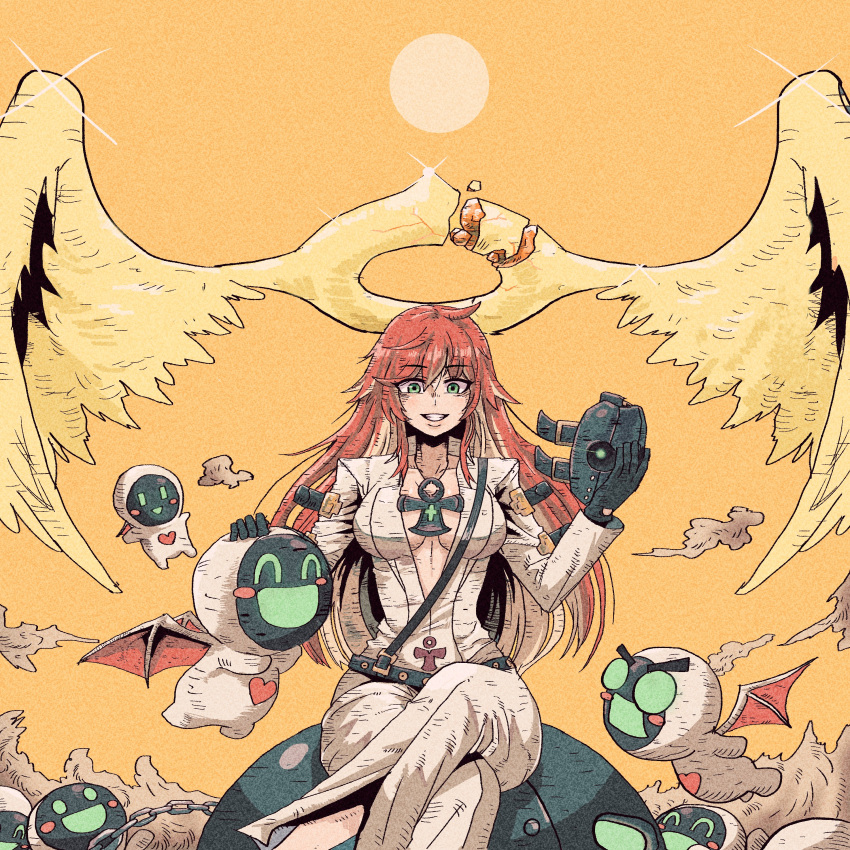 1girl absurdres ankh ankh_necklace aria_(guilty_gear) belt bodysuit broken_halo cross guilty_gear guilty_gear_strive halo han_gong highres jack-o'_valentine jewelry long_hair mask mask_removed necklace nihonga red_hair sky ukiyo-e white_bodysuit wings