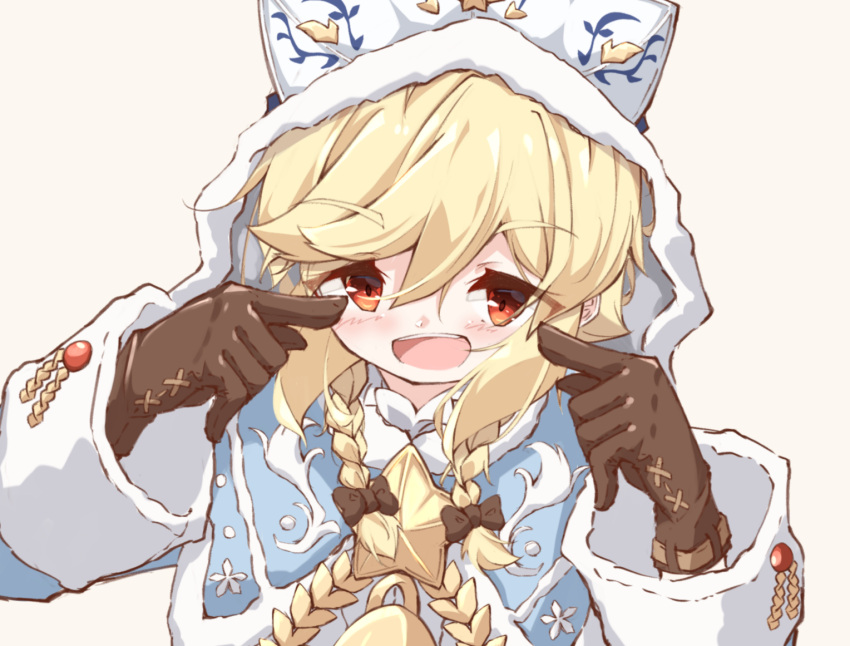 1girl :d bangs blonde_hair blue_capelet blush bow braid brown_background brown_bow brown_gloves capelet eyebrows_visible_through_hair girls'_frontline gloves hair_between_eyes hair_bow hands_up hood hood_up hooded_capelet long_hair long_sleeves looking_at_viewer matsuo_(matuonoie) nagant_revolver_(girls'_frontline) open_mouth red_eyes simple_background smile solo star_(symbol) twin_braids upper_body upper_teeth