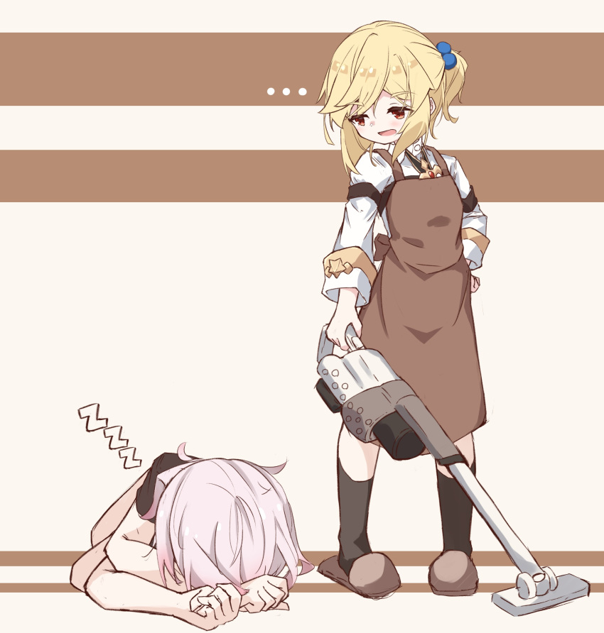 ... 2girls :d apron bangs black_legwear black_shirt blonde_hair brown_apron brown_background brown_footwear character_request eyebrows_visible_through_hair girls'_frontline hair_bobbles hair_ornament hand_on_hip highres long_sleeves looking_at_another matsuo_(matuonoie) multiple_girls nagant_revolver_(girls'_frontline) one_side_up open_mouth purple_hair red_eyes shirt sleeping slippers smile socks two-tone_background vacuum_cleaner white_shirt zzz