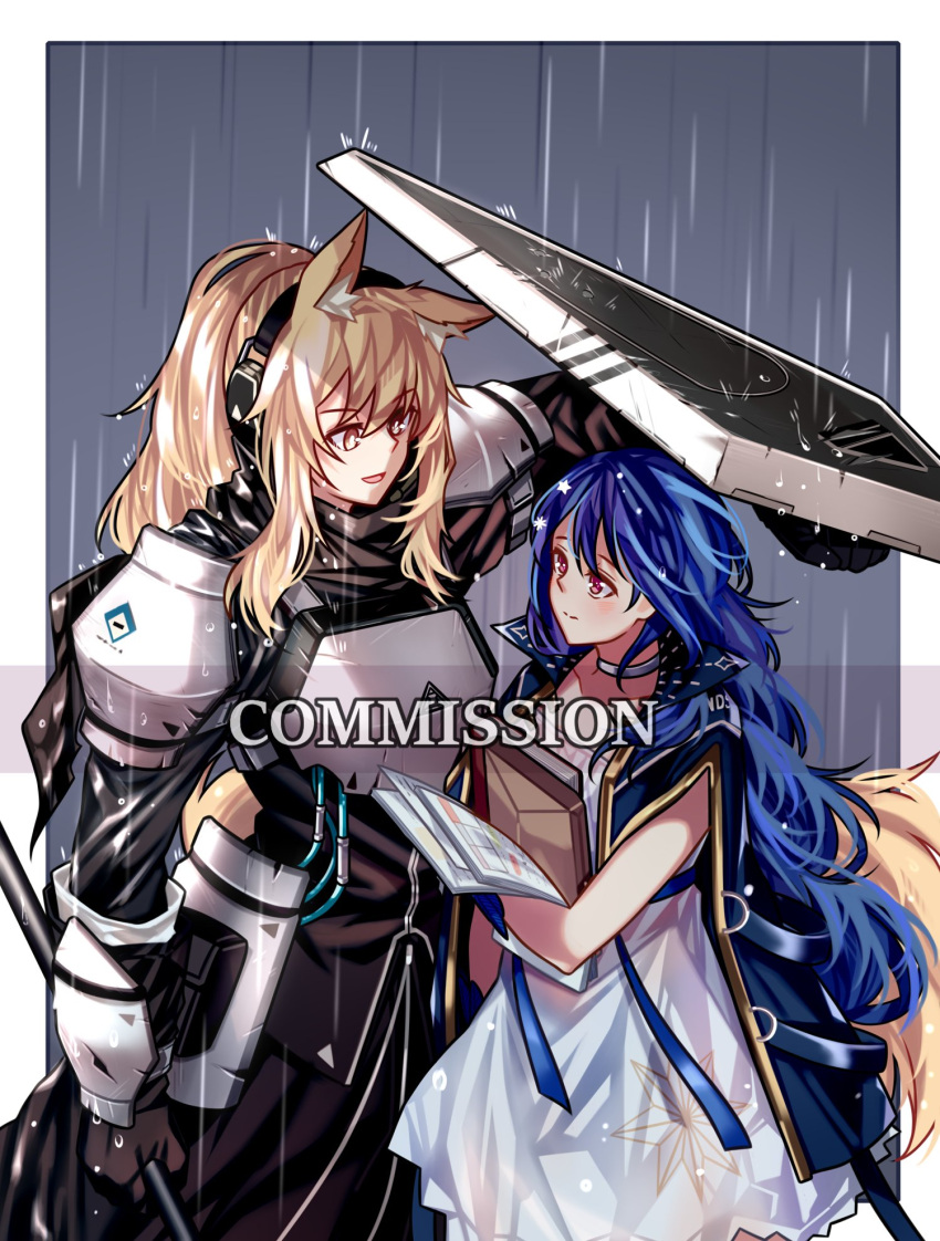 2girls animal_ears arknights armor blonde_hair blue_hair book brown_eyes commission covering file fluffy gloves headphones highres holding horse_ears horse_girl horse_tail long_hair multiple_girls nearl_(arknights) original paper_stack pauldrons rain red_eyes shield shoulder_armor tail yuutama2804