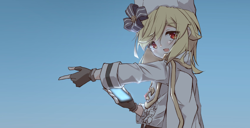 1girl blonde_hair blue_sky brown_gloves cellphone center_frills fingerless_gloves frills from_side fur_hat girls'_frontline gloves hat highres holding holding_phone long_sleeves looking_at_viewer looking_to_the_side matsuo_(matuonoie) nagant_revolver_(girls'_frontline) open_mouth outstretched_arm phone red_eyes shirt sky solo upper_body white_headwear white_shirt