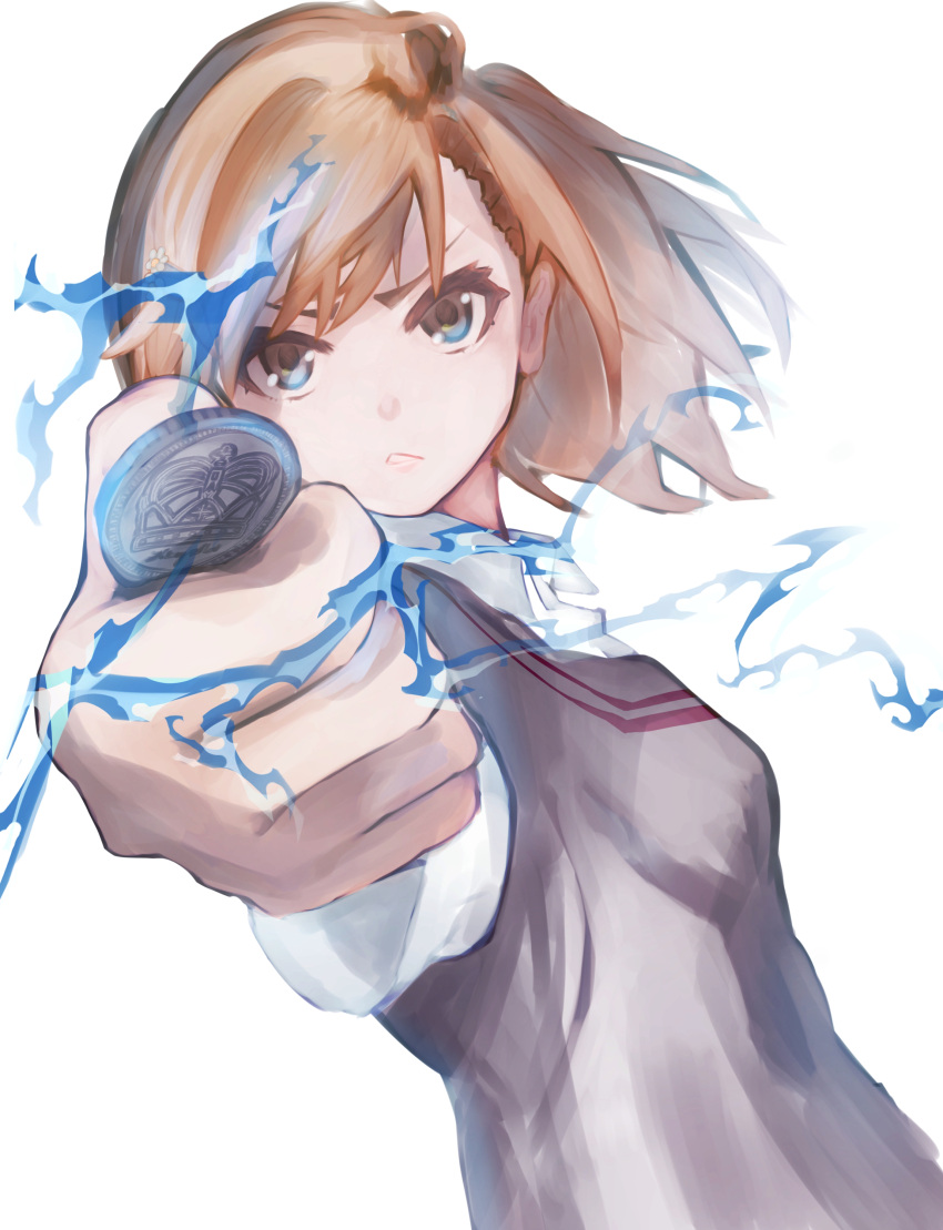 1girl :&lt; absurdres aiming_at_viewer bangs biribiri blue_eyes bob_cut brown_eyes brown_hair brown_sweater_vest clenched_hands closed_mouth coin dress_shirt dutch_angle electricity exciting_yume eyelashes floating_hair foreshortening highres holding holding_coin looking_at_viewer misaka_mikoto outstretched_arm railgun school_uniform shirt short_hair short_sleeves simple_background solo sweater_vest toaru_kagaku_no_railgun toaru_majutsu_no_index tokiwadai_school_uniform upper_body v-shaped_eyebrows white_background white_shirt