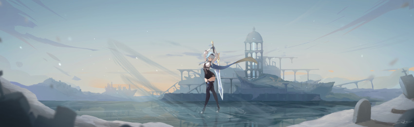 1girl absurdres ame999 blue_hair breasts cloud eula_(genshin_impact) full_body genshin_impact headband highres huge_filesize incredibly_absurdres lake medium_breasts mountain mountainous_horizon outdoors ruins scenery sky solo sword two-handed_sword wallpaper_forced water weapon wide_shot