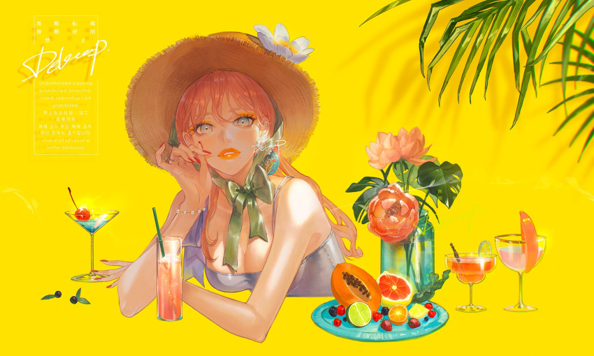 1girl artist_name bangs bare_shoulders blue_eyes blueberry bracelet breasts cleavage dekooop drink earrings flower food fruit glass hand_on_own_cheek hand_on_own_face hat highres jewelry lemon light_smile long_hair looking_at_viewer mango medium_breasts mole mole_under_mouth nail_polish neck_ribbon orange_(fruit) original pink_flower pink_hair plate raspberry red_flower red_nails ribbon ring shadow signature smile solo strawberry yellow_background