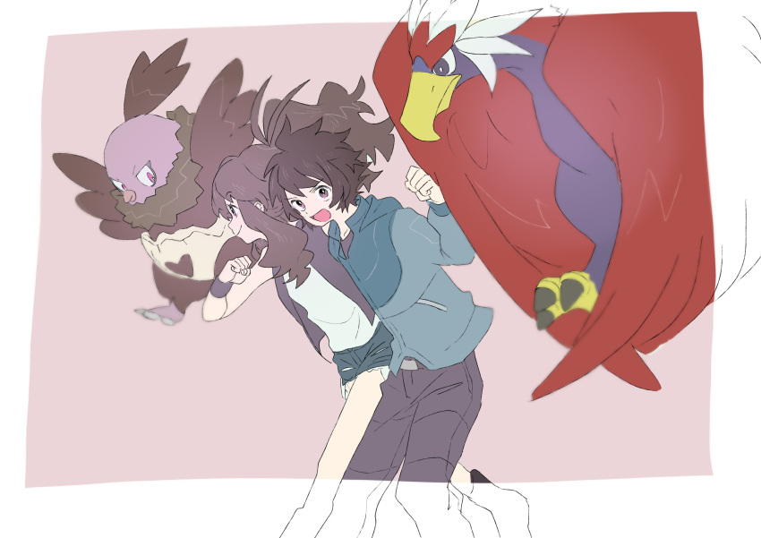 1boy 1girl :d absurdres bangs belt_buckle blue_jacket braviary brown_eyes brown_hair buckle clenched_hand closed_mouth commentary_request gen_5_pokemon hagetapo hand_up high_ponytail highres hilbert_(pokemon) hilda_(pokemon) jacket long_hair long_sleeves open_mouth pants pokemon pokemon_(creature) pokemon_(game) pokemon_bw shirt short_hair short_shorts shorts sidelocks sleeveless sleeveless_shirt smile vest vullaby white_shirt wristband