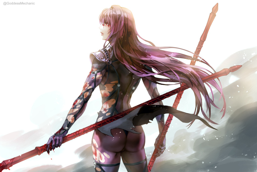 1girl ass blood fate/grand_order fate_(series) gae_bolg_(fate) highres injury kim_yura_(goddess_mechanic) long_hair purple_eyes red_eyes scathach_(fate) scathach_(fate)_(all) simple_background torn_clothes very_long_hair