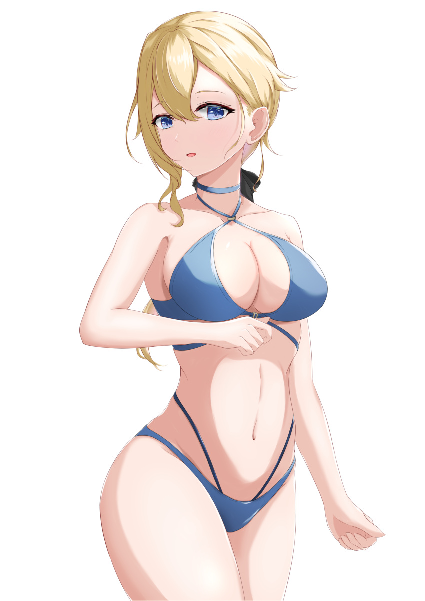 1girl :d absurdres bangs bare_arms bare_shoulders black_bow blonde_hair blue_choker blue_eyes blue_swimsuit bow breasts choker cleavage clenched_hand collarbone genshin_impact hair_between_eyes hair_bow halterneck highres jean_(genshin_impact) large_breasts light_blush long_hair looking_at_viewer multiple_straps navel obanana_(ahap7438) open_mouth ponytail sidelocks simple_background smile solo swimsuit thighhighs white_background