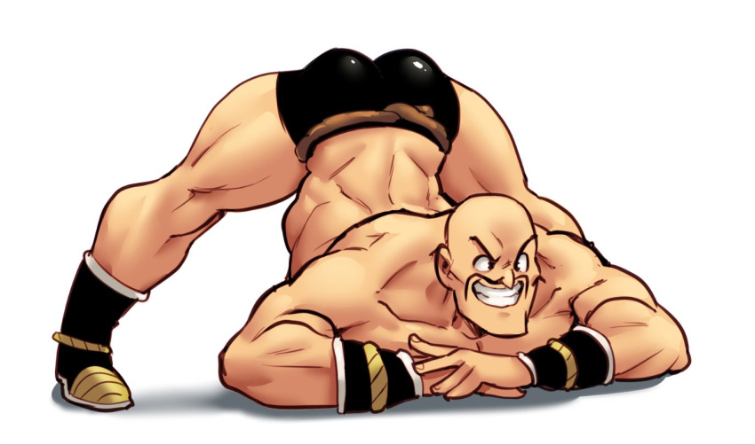 1boy ass bald black_shorts boots collarbone commentary dragon_ball dragon_ball_z english_commentary facial_hair furrowed_brow grin jack-o'_challenge latex looking_at_viewer male_focus manly meme muscular muscular_male mustache nappa nortuet shirtless shorts smile solo thick_thighs thighs top-down_bottom-up v-shaped_eyebrows