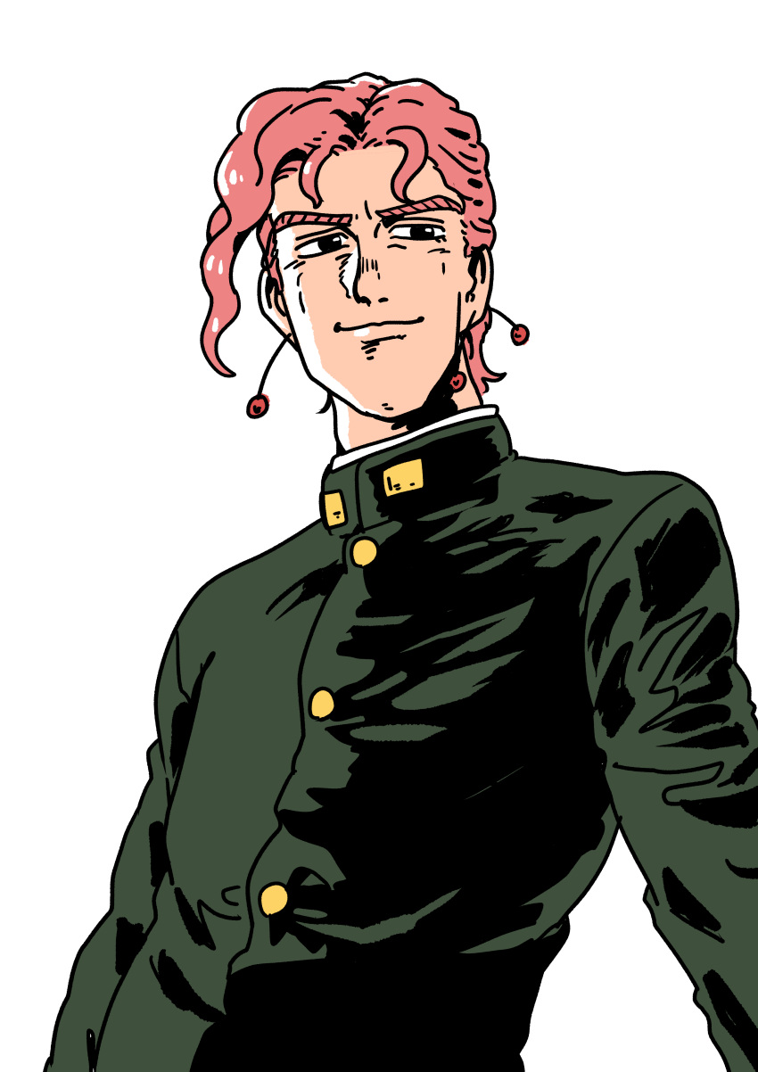 1boy absurdres chanta_(ayatakaoisii) cherry_earrings closed_mouth earrings food-themed_earrings green_jacket highres jacket jewelry jojo_no_kimyou_na_bouken kakyoin_noriaki male_focus pink_hair simple_background smile solo stardust_crusaders upper_body white_background