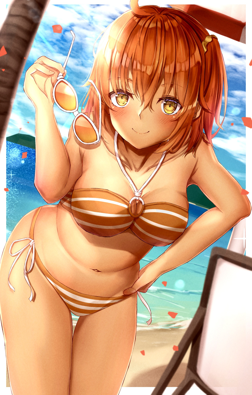 1girl absurdres bikini breasts brilliant_summer eyewear_removed fate/grand_order fate_(series) fujimaru_ritsuka_(female) hair_ornament hair_scrunchie highres holding holding_eyewear large_breasts navel o-ring o-ring_bikini o-ring_top official_alternate_costume one_side_up orange_bikini orange_eyes orange_hair orange_scrunchie ruri_rarako scrunchie side-tie_bikini solo striped striped_bikini sunglasses swimsuit tan toukan