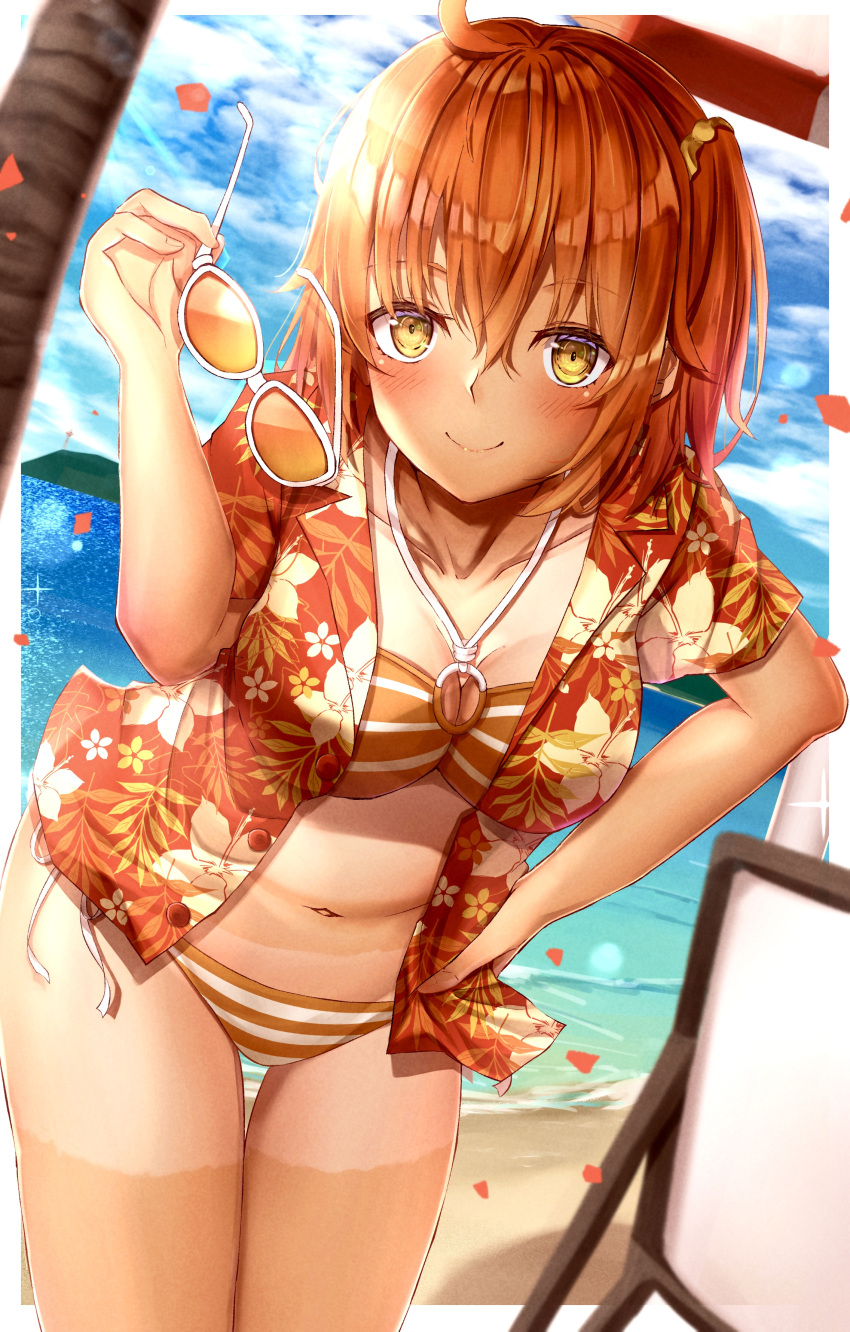 1girl absurdres bikini breasts brilliant_summer eyewear_removed fate/grand_order fate_(series) fujimaru_ritsuka_(female) hair_ornament hair_scrunchie hawaiian_shirt highres holding holding_eyewear large_breasts navel o-ring o-ring_bikini o-ring_top official_alternate_costume one_side_up open_clothes open_shirt orange_bikini orange_eyes orange_hair orange_scrunchie ruri_rarako scrunchie shirt shirt_tan short_sleeves shorts_tan side-tie_bikini solo striped striped_bikini sunglasses swimsuit tan tanlines toukan