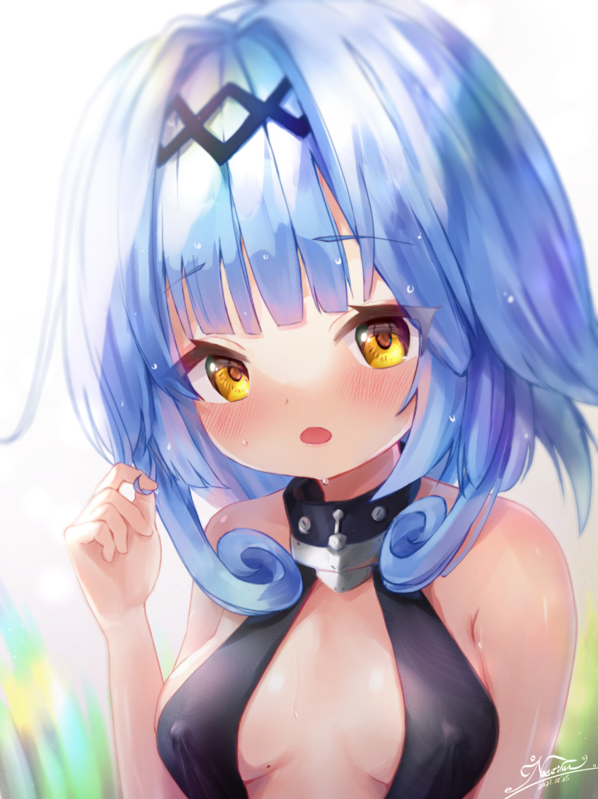 1girl azur_lane bangs blue_hair blunt_bangs blurry breasts cleavage commentary_request depth_of_field eyebrows_visible_through_hair hairband highres looking_at_viewer moemaru nautilus_(azur_lane) playing_with_own_hair short_hair sidelocks signature solo wet wet_clothes yellow_eyes