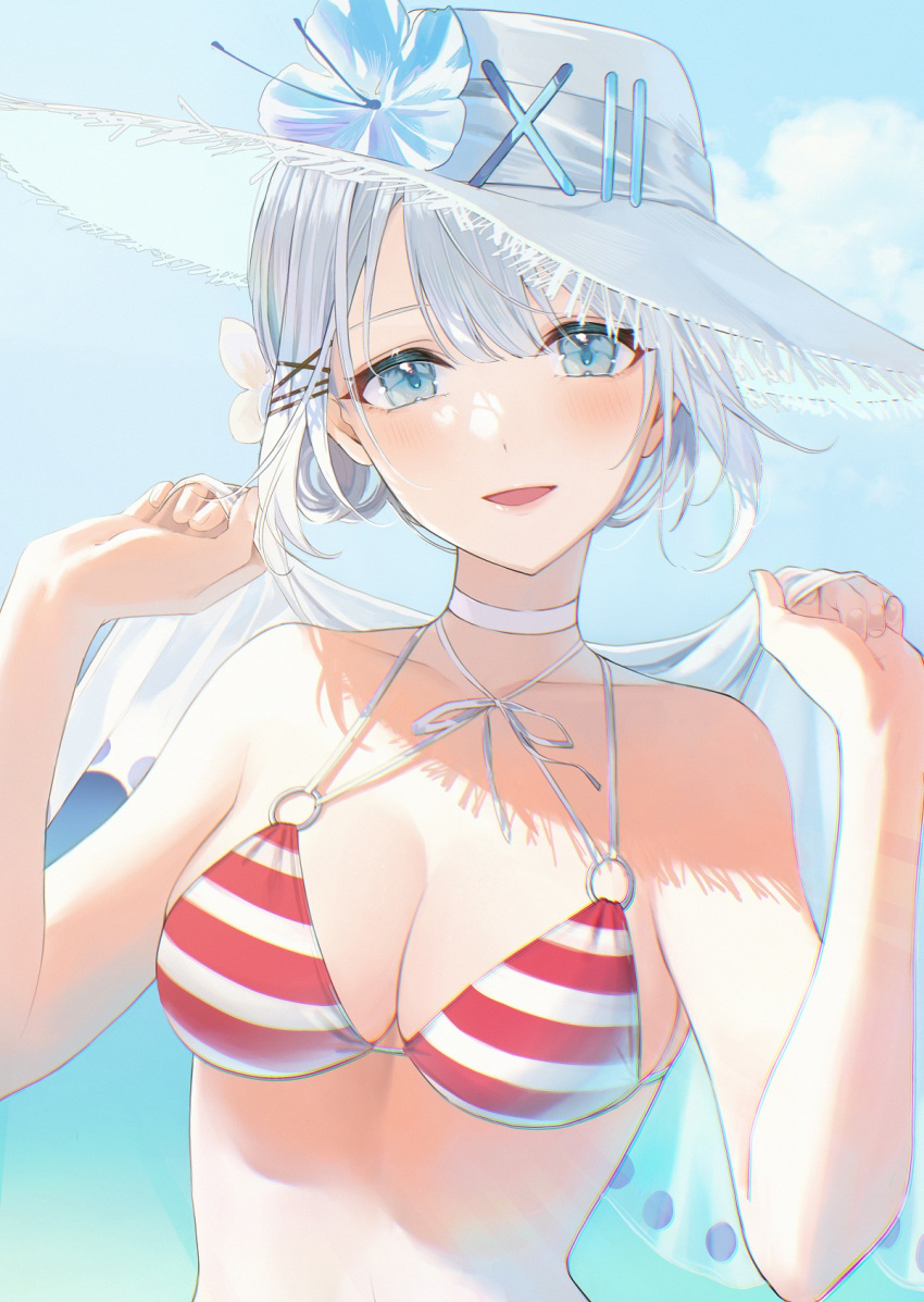 1girl bare_arms bare_shoulders bikini blue_eyes blush breasts choker cleavage cloud collarbone criss-cross_halter flower hair_ornament hairclip halterneck hat hat_flower highres holding large_breasts looking_at_viewer magako multi-strapped_bikini o-ring o-ring_top ocean official_art open_mouth sarong sarong_removed short_hair sidelocks siesta_(tantei_wa_mou_shindeiru) sky smile solo stomach string_bikini striped striped_bikini sun_hat swimsuit tantei_wa_mou_shindeiru upper_body white_choker white_flower white_hair white_headwear white_sarong x_hair_ornament