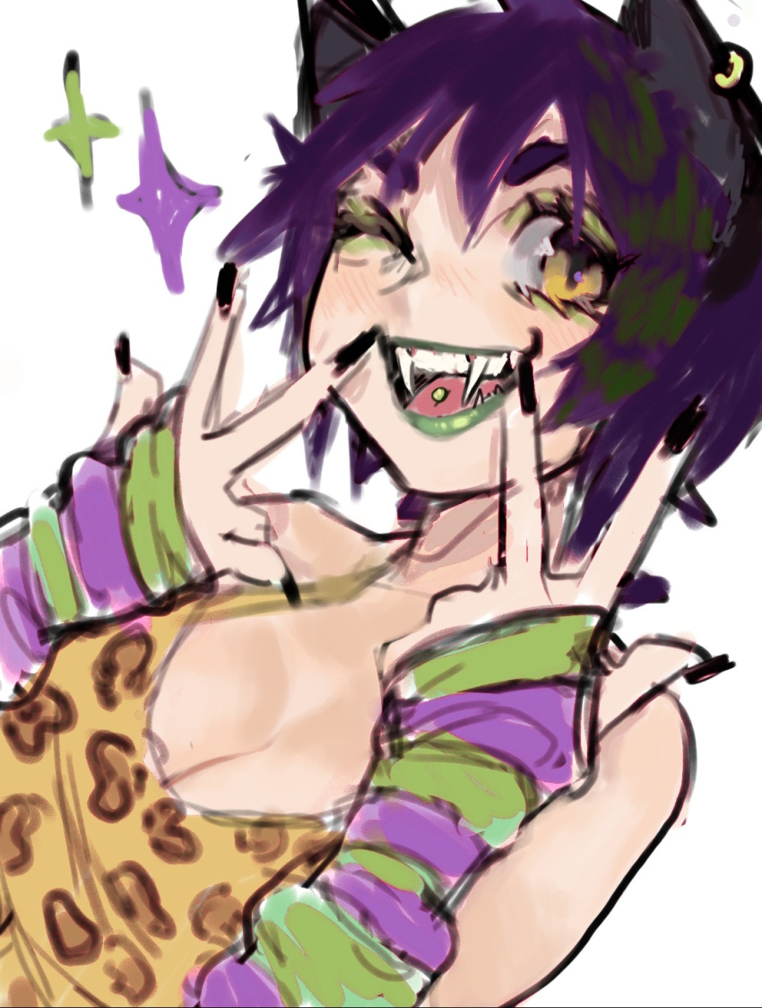 1girl :d animal_ears animal_print black_nails breasts cenketsu commission commissioner_upload fangs fingerless_gloves gloves green_lips highres large_breasts one_eye_closed open_mouth original piercing purple_hair raver short_hair smile solo tank_top tongue_piercing white_background