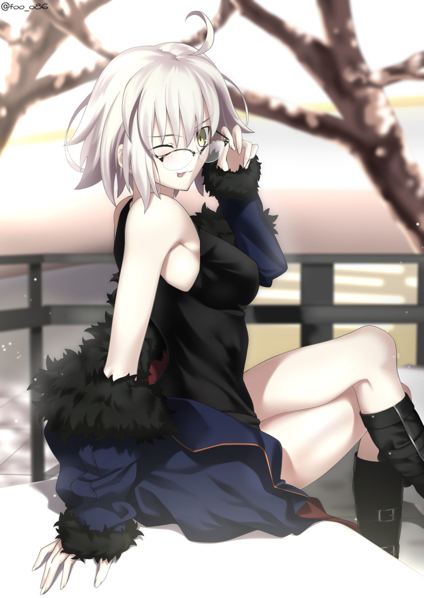 1girl absurdres bangs bare_shoulders black_dress black_footwear blue_coat boots breasts coat collarbone crossed_legs dress fate/grand_order fate_(series) foo_(pixiv54892036) fur-trimmed_coat fur_trim glasses highres jeanne_d'arc_(alter)_(fate) jeanne_d'arc_(fate)_(all) knee_boots large_breasts long_sleeves looking_at_viewer off_shoulder one_eye_closed open_clothes open_coat short_dress short_hair silver_hair sitting smile thighs wicked_dragon_witch_ver._shinjuku_1999 yellow_eyes
