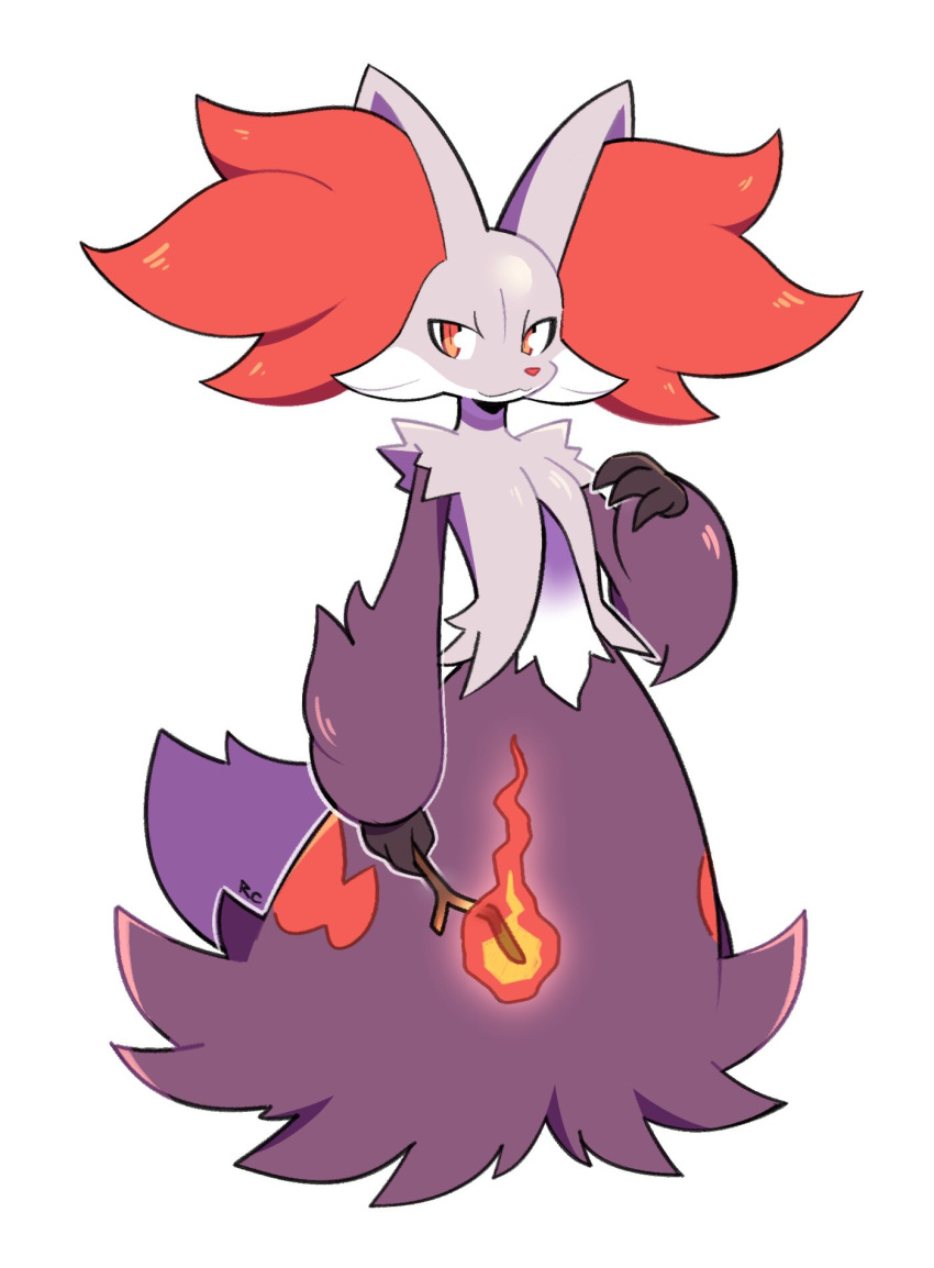 :3 alternate_color artsy-rc closed_mouth commentary delphox english_commentary furry gen_6_pokemon highres holding holding_stick looking_at_viewer no_humans pokemon pokemon_(creature) shiny_pokemon simple_background smile solo stick white_background