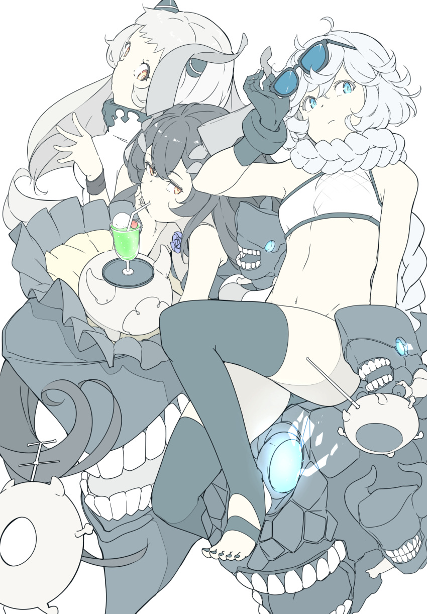 3girls absurdly_long_hair abyssal_ship airfield_princess anchorage_water_oni black_hair black_legwear blue_eyes braid cup drink drinking drinking_glass drinking_straw eyewear_on_head hair_between_eyes highres horns kantai_collection long_hair multiple_girls ninimo_nimo pale_skin pt_imp_group simple_background single_braid sunglasses supply_depot_princess thighhighs very_long_hair white_background white_hair yellow_eyes